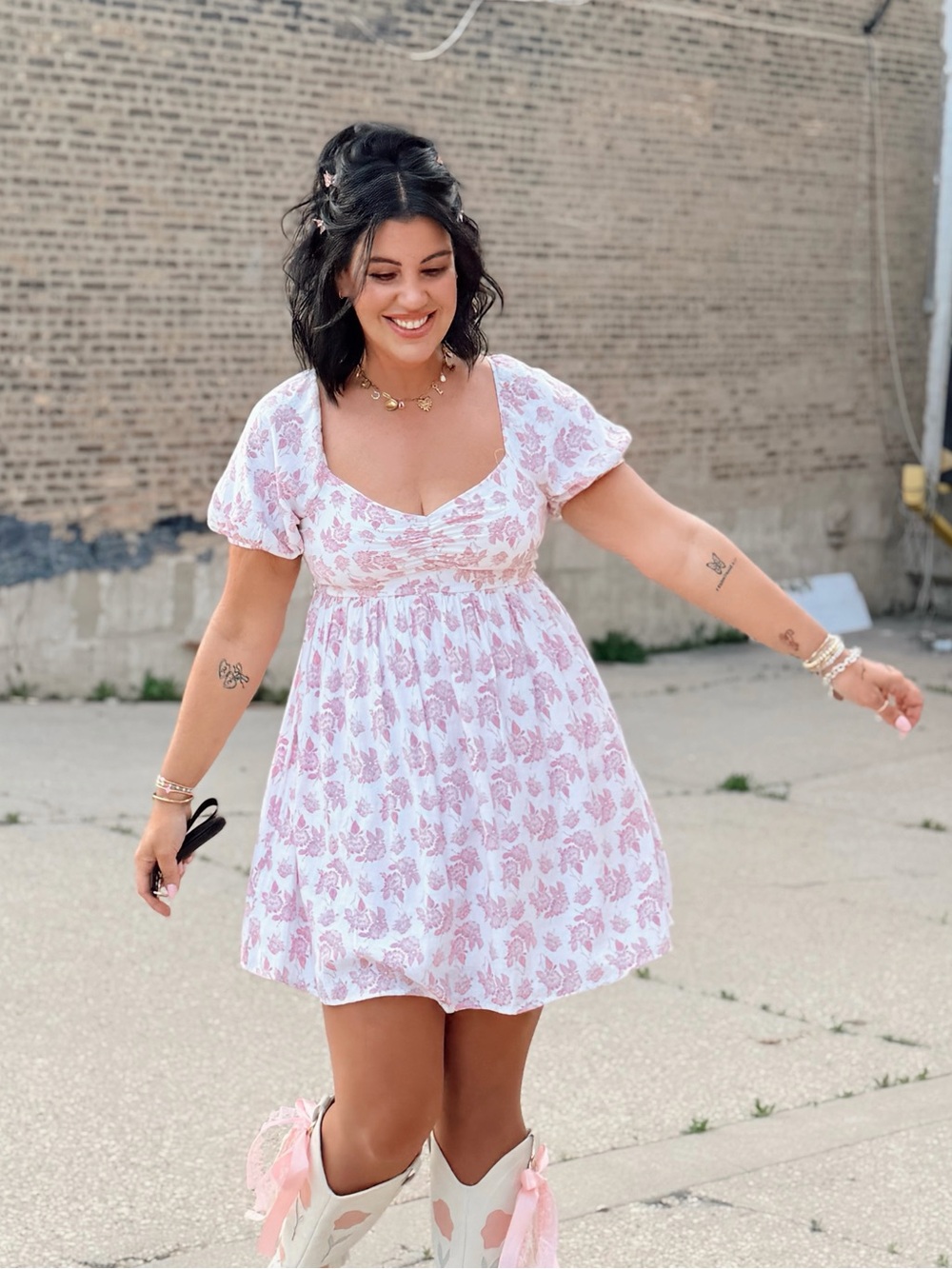 Pink Floral Puff Sleeve Mini Dress
